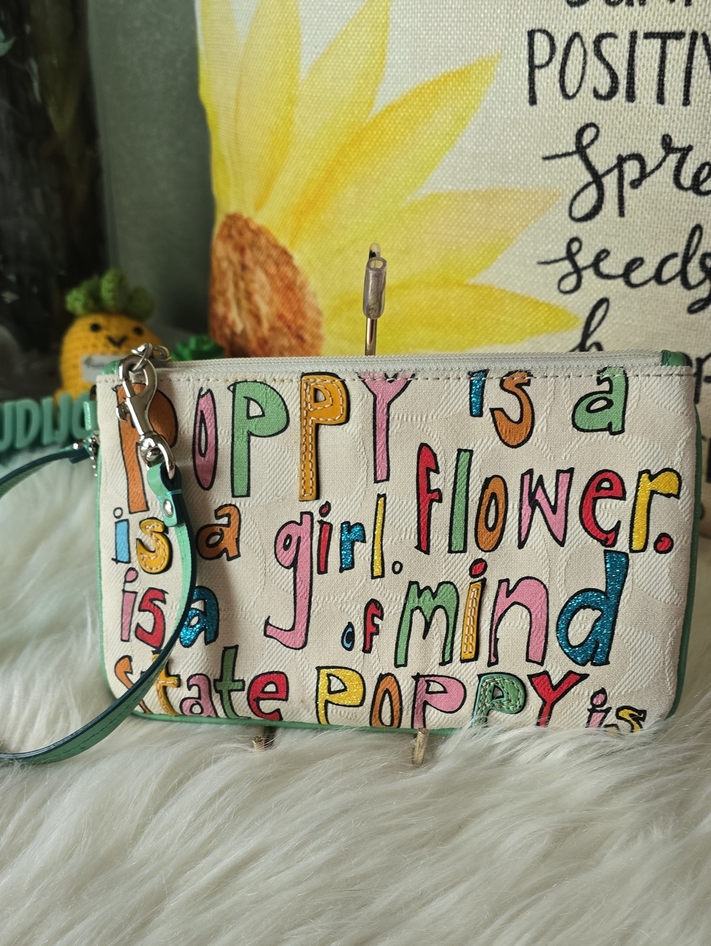 Coach POPPY Lettered Canvas Wristlet in Cream with Multicolor Raised Accents - Picture 4 of 16